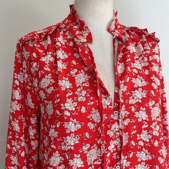 ZARA Floral PEASANT red RUFFLE Luxe Button Down Blouse Tie Top sz Medium - Picture 7 of 7